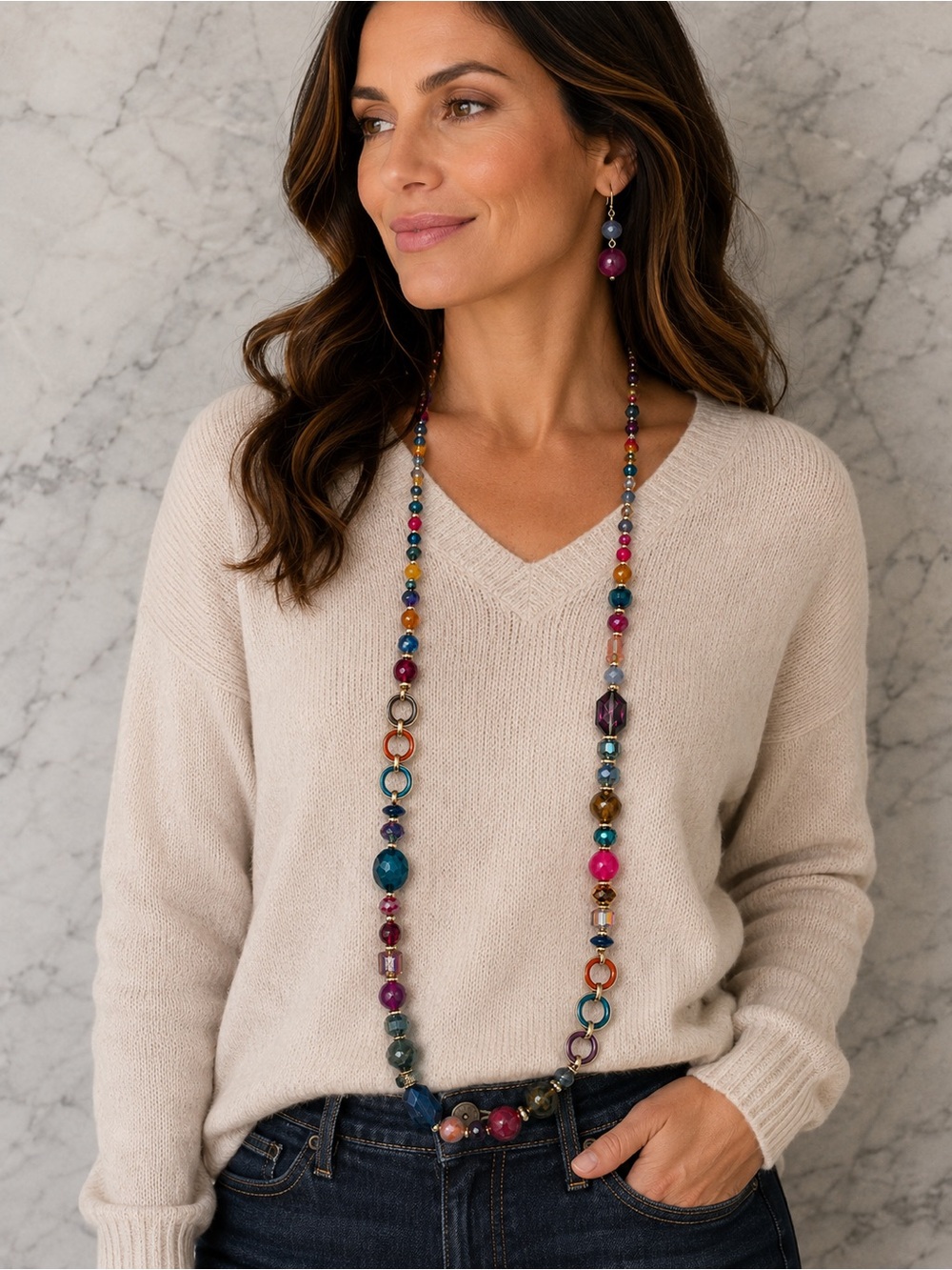 Boho Jewel-Tone Long Beaded Necklace & Matching Earrings Set
